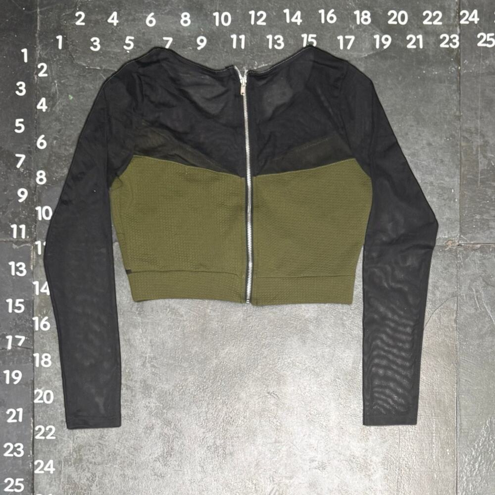 Charlotte Russe Olive Green and Black Mesh Long Sleeve Bandage Crop Top - Picture 2 of 3